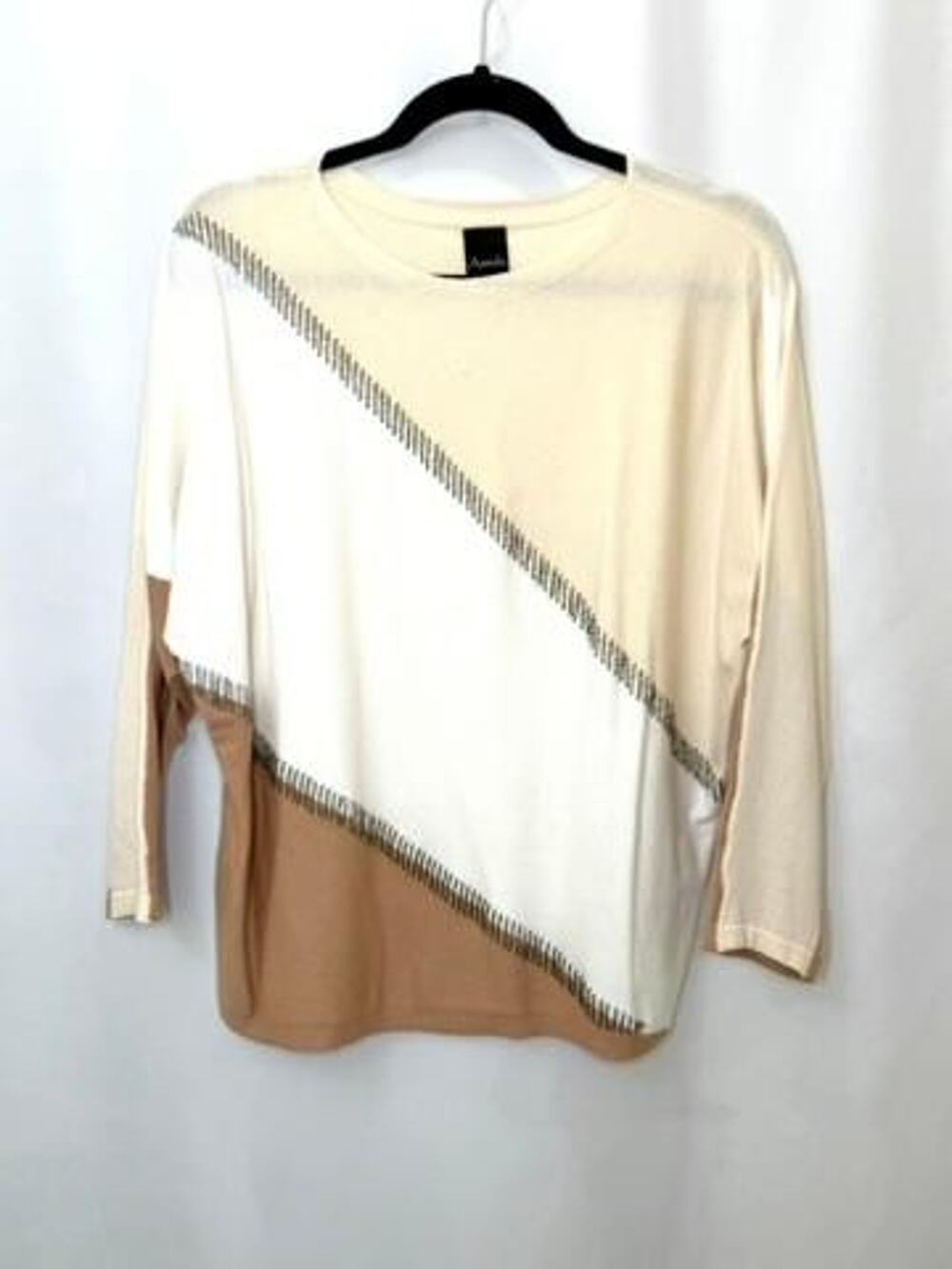 Aaeda Colorblock Beaded Knit Sweater Womens Medium Beige White Tan Pullover